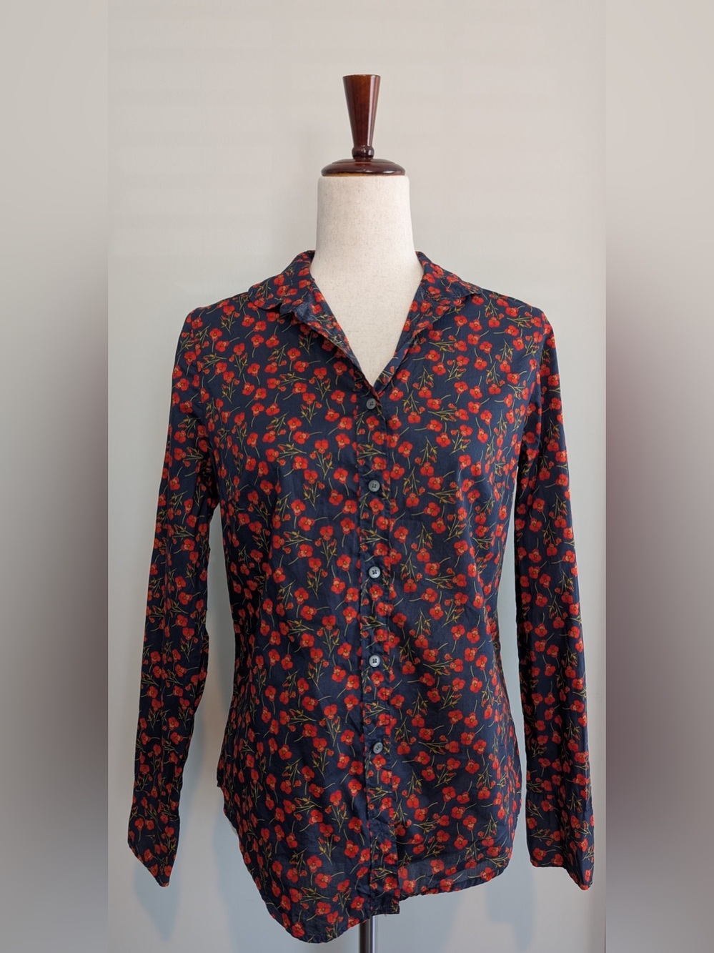 J.Crew x Liberty of London Perfect Shirt Button Down Cotton Navy/Red Poppy Sz 4